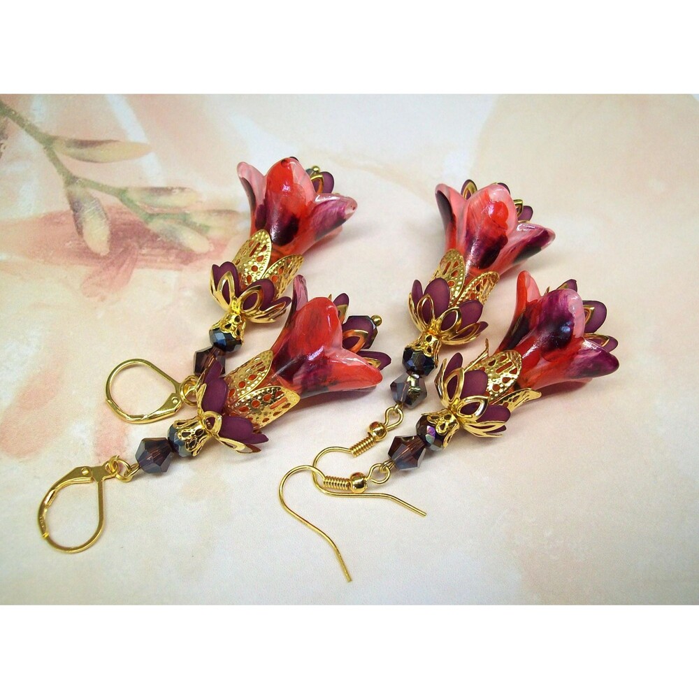 Boho Floral Earrings Gold, Flower Earrings Dangle, Hand Painted, Artisan Crafted